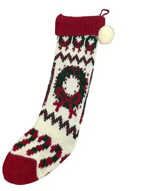 22” Christmas Stocking Knit Red & Green with hanger and pom pom